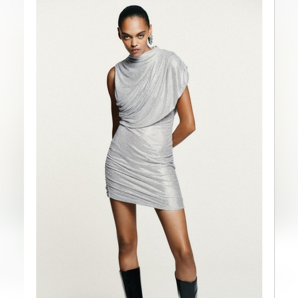 SHORT MESH DRESS WITH RHINESTONE CAPE